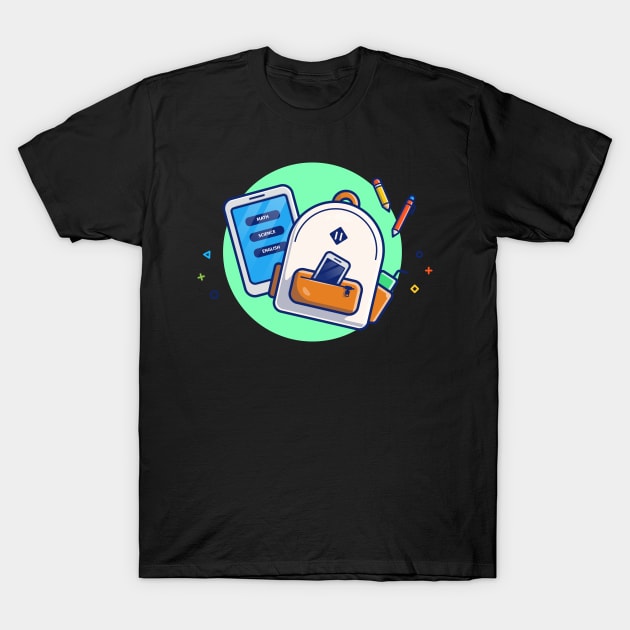 Backpack, Hand Phone, Tablet, Pen, And Pencil Cartoon T-Shirt by Catalyst Labs